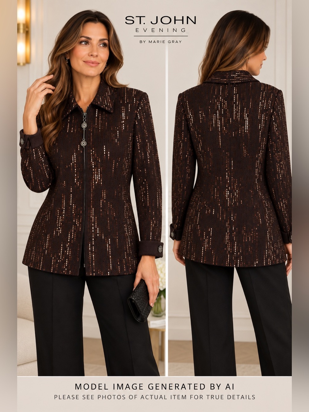 St John Evening By Marie Gray Vintage Sequin Knit Zip Jacket 14 Statement Glam